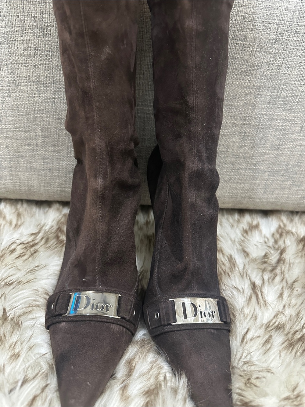 Dior Brown Suede Over-the-Knee Boots with Silver Logo Plate